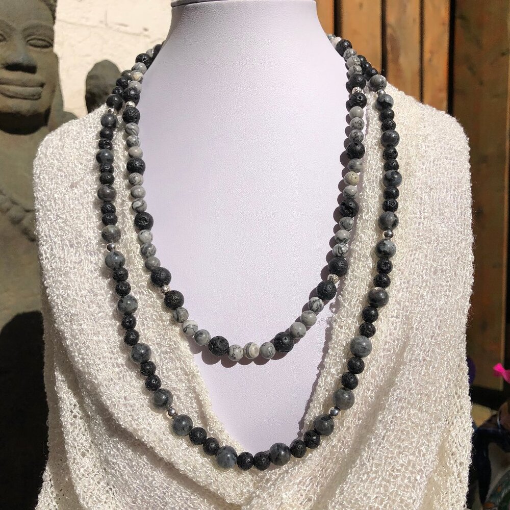 Two-strand natural stone & sterling silver beaded necklace (black/grey)